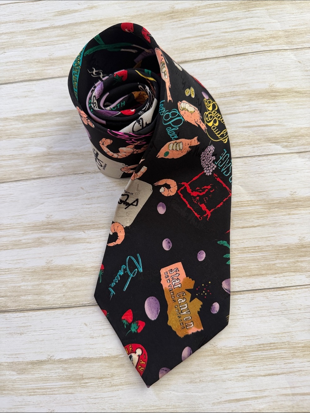 Nicole Miller Black Silk Novelty Tie with Multicolor Food Motifs